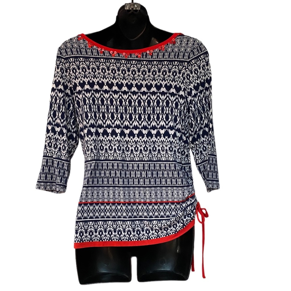 3/$20 Ruby Road printed boatneck side-ruched top with beaded neckline, size SP